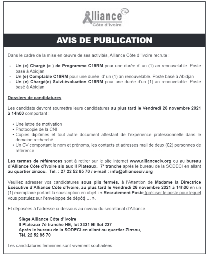 Recrutement de 01 Comptable, Chargé(e) Suivi-évaluation, Chargé(e) de Programme C19RM